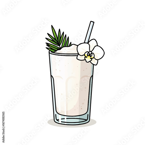 A creamy white tropical drink in a tall glass, elegantly garnished with a delicate white orchid and a lush palm leaf, perfect for a refreshing summer indulgence or an exotic getaway