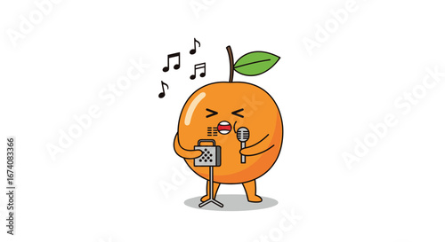 Cute orange character singing with microphone on stand musical notes above its head