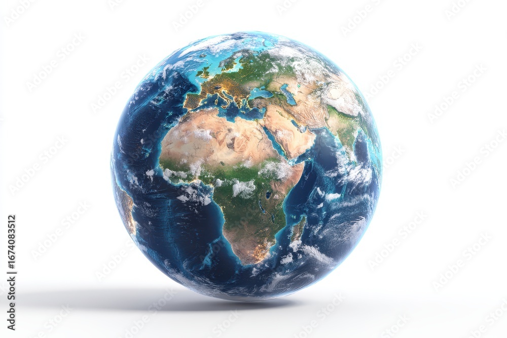 Fototapeta premium Earth globe, continents, white background, environmental concept, global awareness