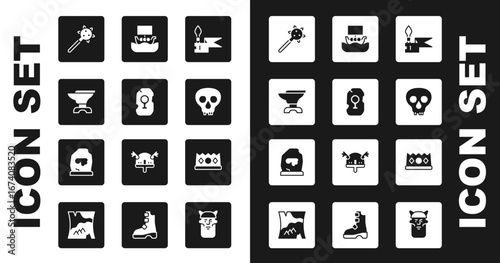 Set Medieval spear, Magic rune, Anvil for blacksmithing, Mace with spikes, Skull, Viking ship Drakkar, King crown and icon. Vector