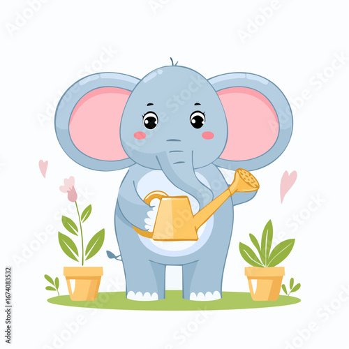 Adorable cartoon elephant happily watering plants in a sunny garden setting.