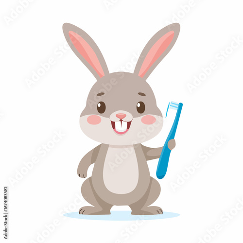 A cartoon rabbit happily holding a blue toothbrush, smiling widely, promoting dental hygiene.