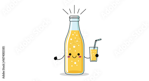Cute cartoon bottle and cup with orange juice characters holding hands greeting
