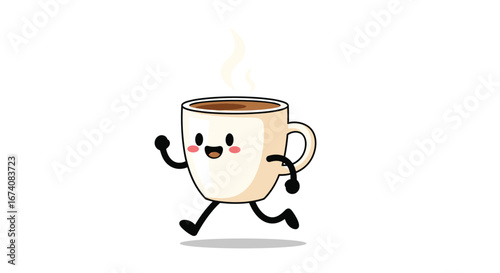 A lively animated coffee cup character trotting forward with joyful expression and steam rising from its contents