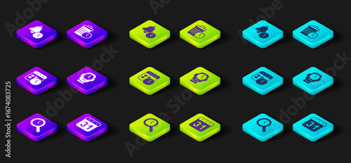 Set Magnifying glass with clock, Calendar, and, Clock, Waste of time and Alarm icon. Vector