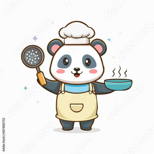 Cartoon panda chef holding a strainer and a bowl of steaming food, smiling happily.