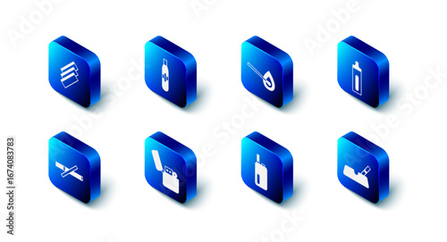 Set Electronic cigarette, Burning match with fire, Ashtray, Lighter, No smoking and Cigarette rolling papers icon. Vector