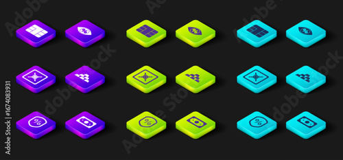 Set Loan percent, Stacks paper money cash, Safe, Gold bars, Eye with and Credit card chip icon. Vector