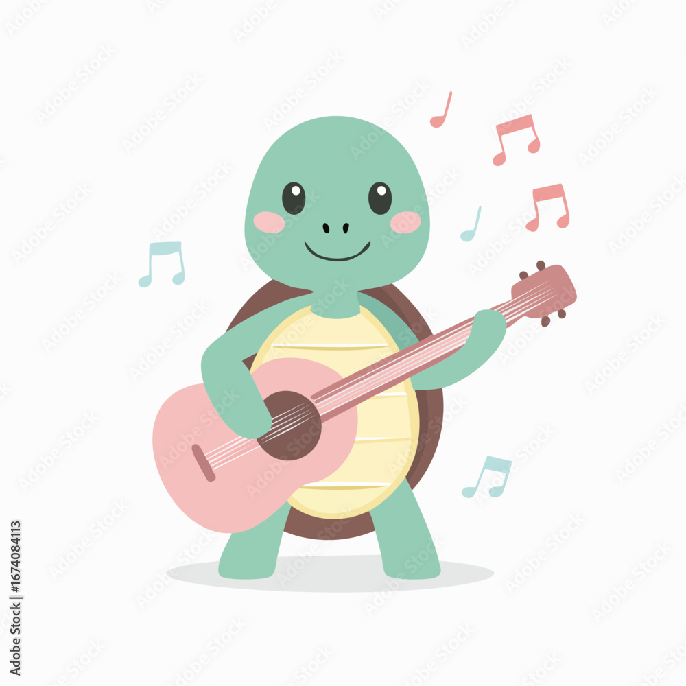 Fototapeta premium Cute cartoon turtle playing a guitar, surrounded by musical notes.