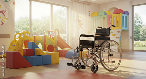Wheelchair in a colorful playroom, representing accessibility and inclusion for disabled children.