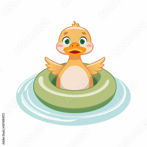 Cute cartoon duckling in a green inflatable ring on water.