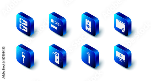 Set Marked key, Eye scan, Folder and lock, Lock on computer monitor, Crowbar, Door handle, Unlocked and Casting keys icon. Vector