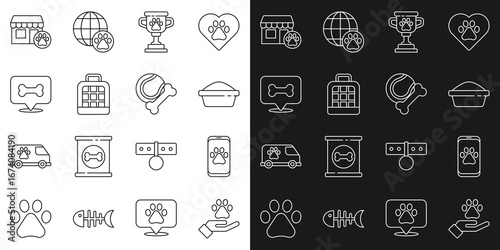 Set line Hands with animals footprint, Veterinary clinic, Pet food bowl, award, carry case, Dog bone, hospital and toys rubber ball icon. Vector