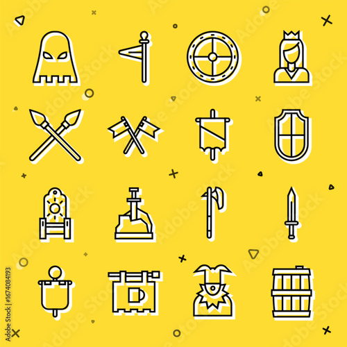 Set line Wooden barrel, Medieval sword, Shield, Round wooden shield, Crossed medieval flag, spears, Executioner mask and icon. Vector