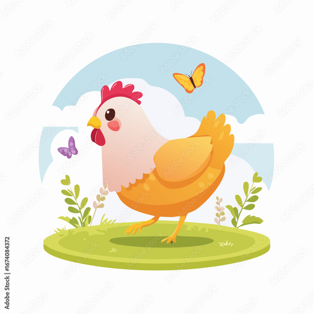 Fototapeta premium Cute cartoon chicken in a grassy field with butterflies, a cheerful spring scene.