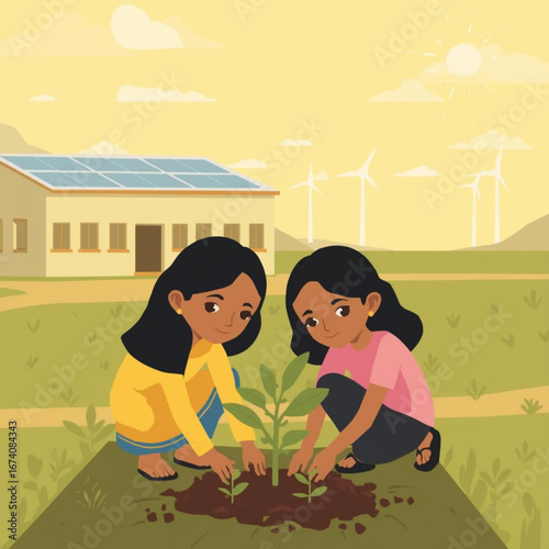 Children planting saplings near solar powered building and wind turbines