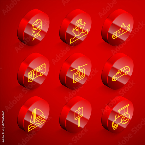 Set line Train and railway, Cargo ship, Submarine, Bus, Cable car, Hatchback, Yacht sailboat and Parking icon. Vector