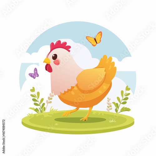 Cute cartoon chicken in a grassy field with butterflies, a cheerful spring scene.
