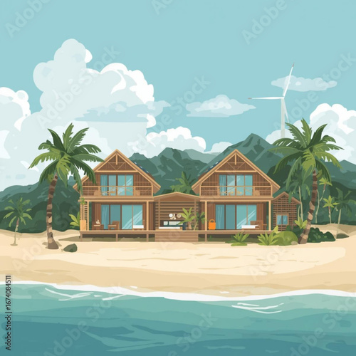 Beachfront houses with solar panels and wind turbine by the ocean