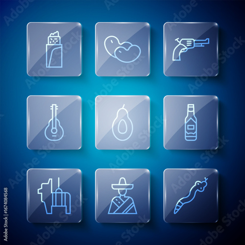 Set line Pinata, Mexican man sombrero, Snake, Revolver gun, Avocado, guitar, Burrito and Tabasco sauce icon. Vector
