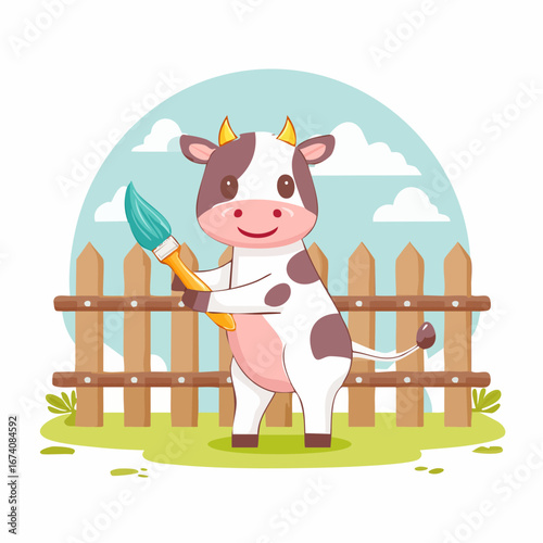 A cheerful cartoon cow holds a paintbrush, standing by a wooden fence in a sunny pasture.