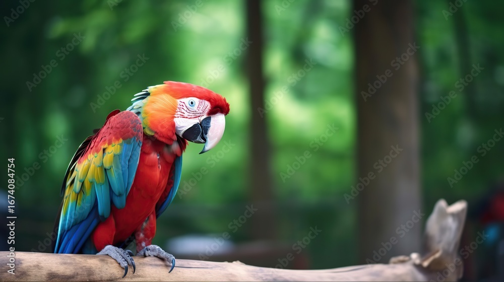 Obraz premium Vibrant macaw perched on a branch in a lush green forest