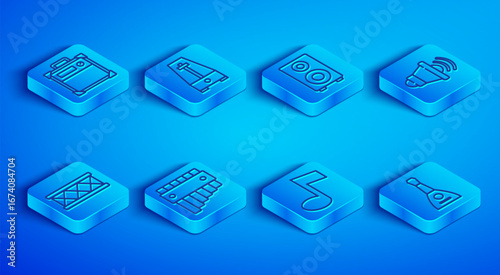 Set line Guitar amplifier, Metronome with pendulum, Stereo speaker, Pan flute, Music note, tone, Speaker volume, Drum and Balalaika icon. Vector