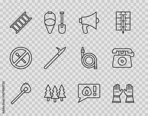 Set line Burning match with fire, Firefighter gloves, Megaphone, Forest, escape, Metal pike pole, Telephone call 911 and icon. Vector