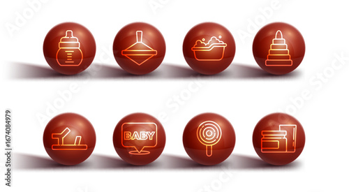 Set line Baby bottle, shoes, Pyramid toy, Lollipop, Whirligig, food and bathtub icon. Vector