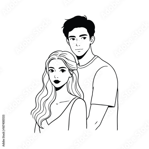 Romantic Couple Line Art – Young Man and Woman Standing Together
