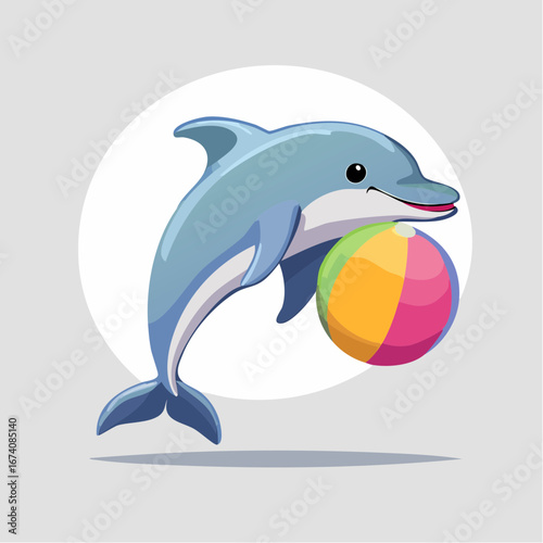 A cheerful cartoon dolphin playfully balances a colorful striped ball on its snout, depicted against a soft grey background with a subtle white circle.