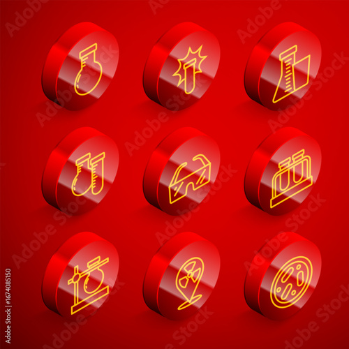 Set line Test tube and flask, Chemical explosion, Safety goggle glasses, stand and Radioactive in location icon. Vector