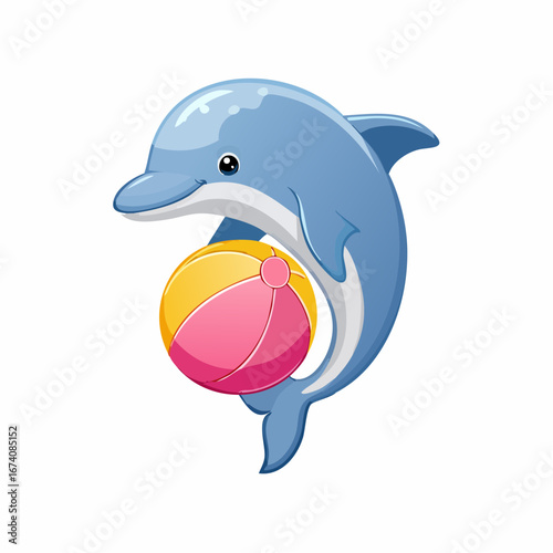 A cheerful cartoon dolphin playfully balances a colorful beach ball with its snout, appearing to be enjoying a sunny day at the ocean.