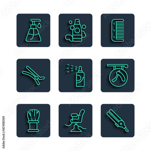 Set line Shaving brush, Barbershop chair, Curling iron, Hairbrush, Spray can for hairspray, clip, Cream cosmetic tube and with razor icon. Vector