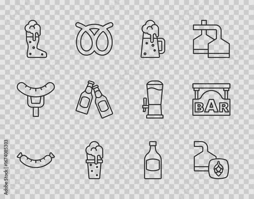 Set line Sausage, Beer brewing process, Wooden beer mug, Glass of, Boot glass, bottle, and Street signboard with Bar icon. Vector