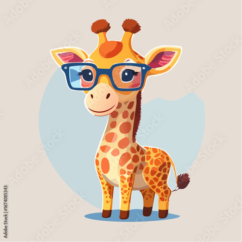 Adorable cartoon giraffe wearing blue-rimmed glasses, standing with a friendly expression against a soft, light blue background.