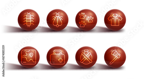 Set line Centipede insect, Africa safari map, Shirt, Canteen water bottle, First aid kit, Mosquito, Wooden axe and Paw print icon. Vector