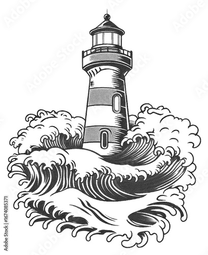 Lighthouse on a rocky island with waves