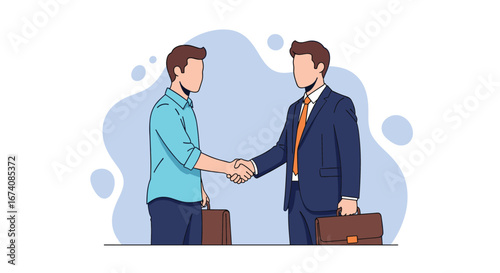 Two businessmen are shaking hands warmly with briefcases in their hands demonstrating a successful partnership agreement or collaboration