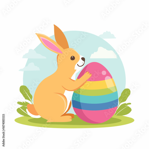 Adorable Easter bunny gently holding a large, colorful striped egg.