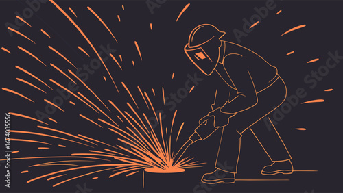 Welding Worker in Protective Gear with Sparks.