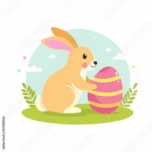 An adorable cartoon rabbit gently holding a vibrant pink and yellow striped Easter egg on a grassy field with a cheerful sky.