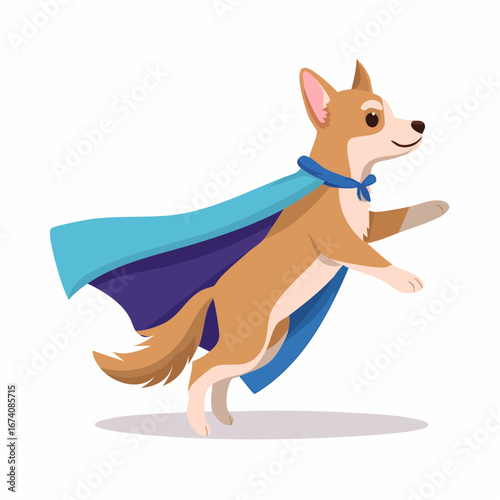 A cartoon dog wearing a blue cape, leaping forward with a happy expression.