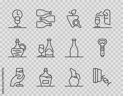Set line Wine tasting, degustation, Grapes, Old bottle of wine, time, with glass, Decanter for and Bottle opener icon. Vector