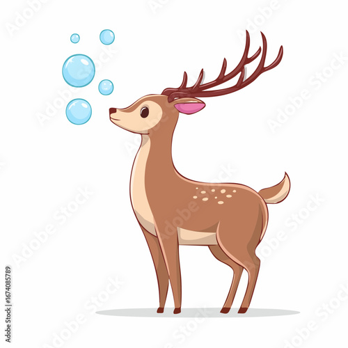 Cartoon deer with large antlers blowing bubbles, standing on a white background.
