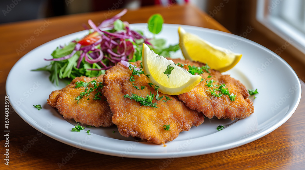 Breaded cutlets garnished with lemon and salad Breaded cutlets garnished with lemon and salad
