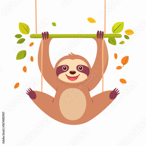 A cute cartoon sloth hangs upside down from a leafy branch, smiling with a cheerful expression.