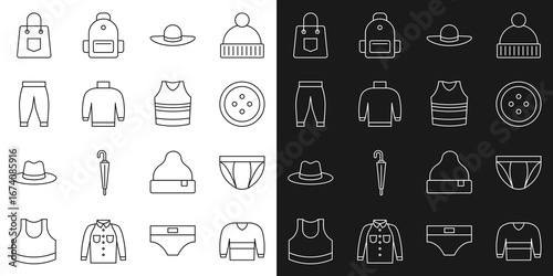 Set line Sweater, Men underpants, Sewing button for clothes, Elegant women hat, Pants, Handbag and Undershirt icon. Vector