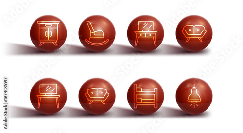 Set line Furniture nightstand, TV table, Sofa, Bunk bed, Rocking chair, Lamp hanging and Dressing icon. Vector