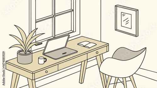 Home Office Desk Setup with Laptop Plant and Chair - Minimalist Line Art Illustration.